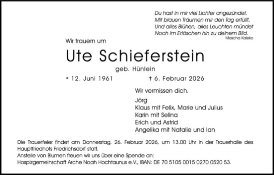 Traueranzeige von Ute Schieferstein von FNP