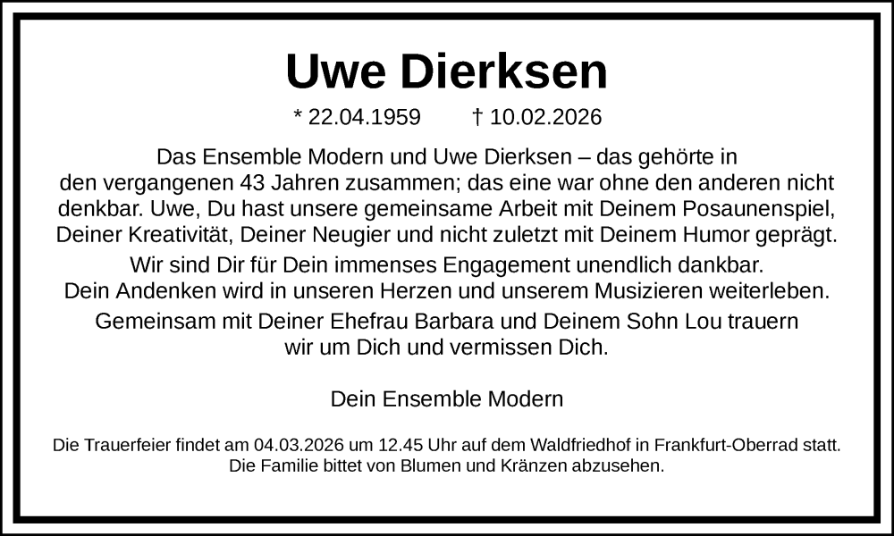  Traueranzeige für Uwe Dierksen vom 21.02.2026 aus FNP