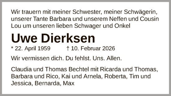 Traueranzeige von Uwe Dierksen von FNP