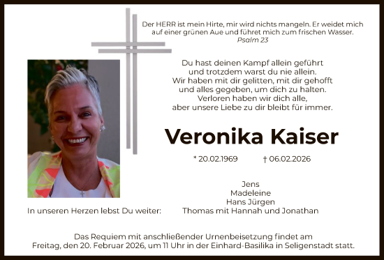 Traueranzeige von Veronika Kaiser von OF0L
