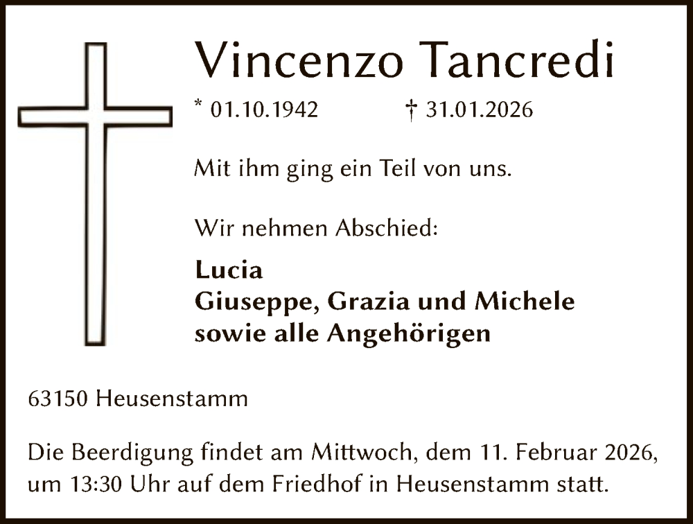  Traueranzeige für Vincenzo Tancredi vom 07.02.2026 aus OF0T