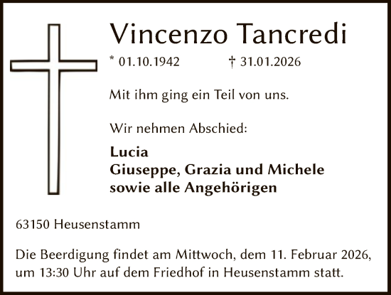 Traueranzeige von Vincenzo Tancredi von OF0T