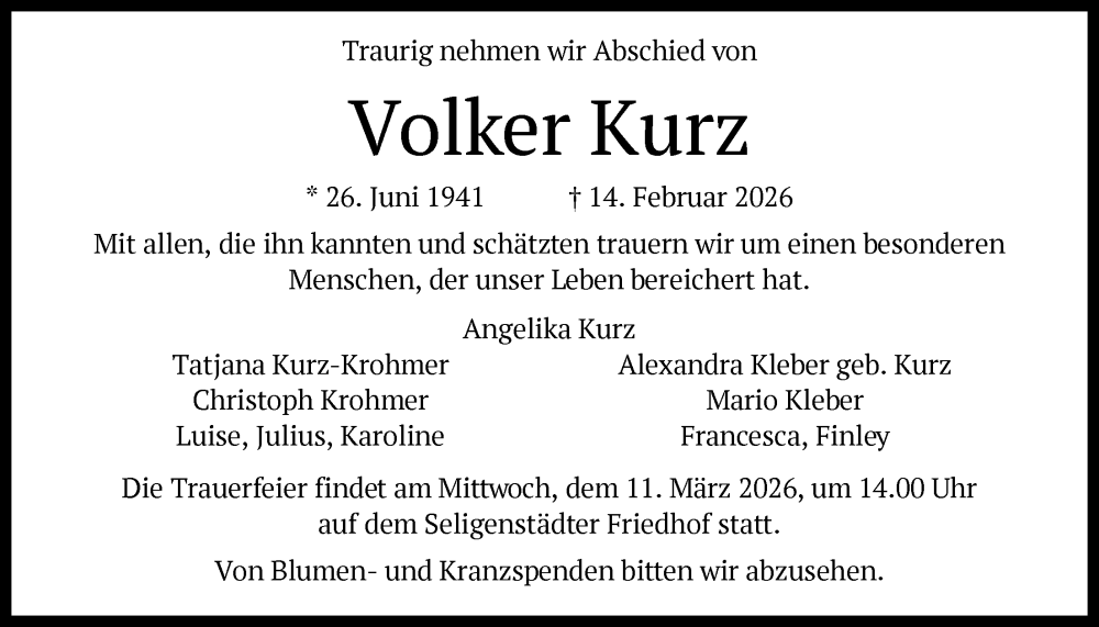  Traueranzeige für Volker Kurz vom 28.02.2026 aus OF0L