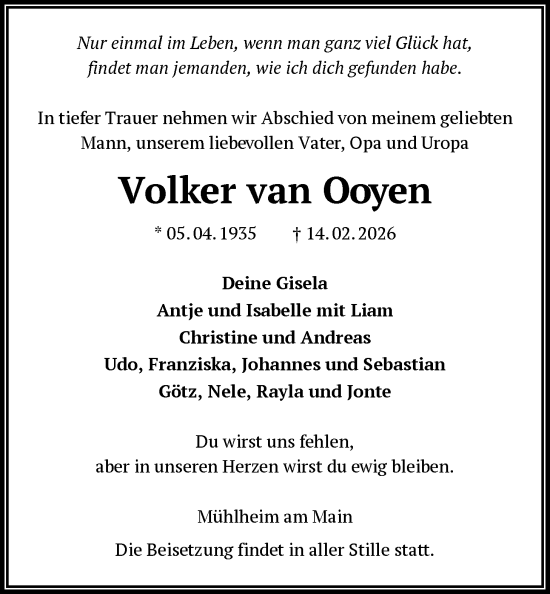 Traueranzeige von Volker van Ooyen von OFOP