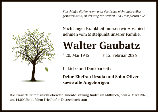Traueranzeige von Walter Gaubatz von OFOP