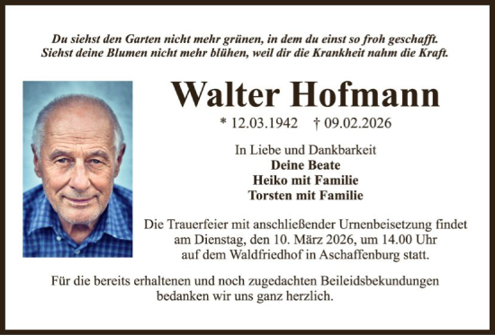 Traueranzeige von Walter Hofmann von OFHA