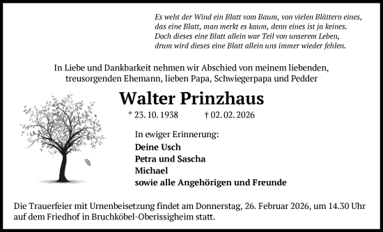 Traueranzeige von Walter Prinzhaus von OFHA