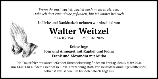 Traueranzeige von Walter Weitzel von OF0L