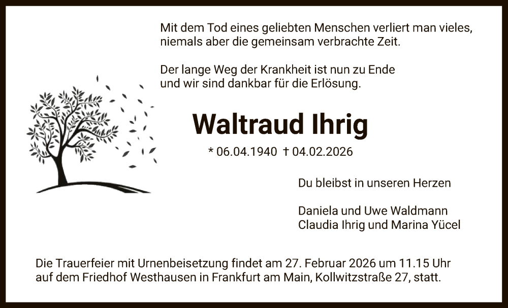  Traueranzeige für Waltraud Ihrig vom 14.02.2026 aus FNP