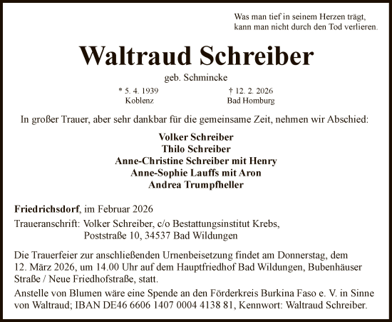 Traueranzeige von Waltraud Schreiber von FNP