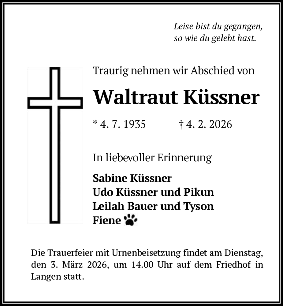  Traueranzeige für Waltraut Küssner vom 21.02.2026 aus OF0W