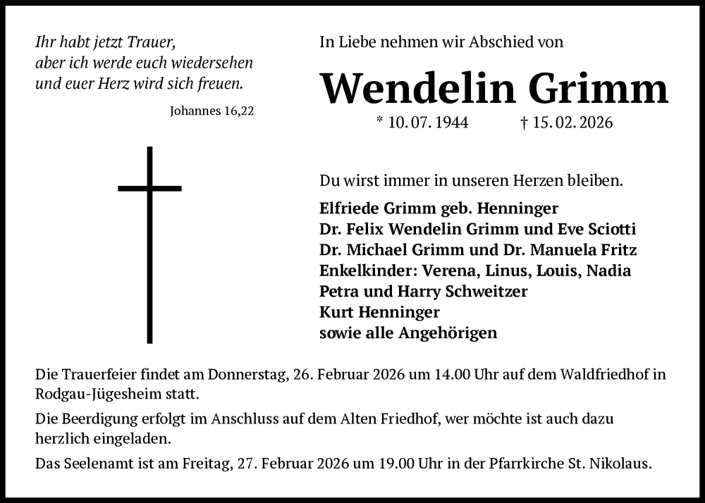  Traueranzeige für Wendelin Grimm vom 21.02.2026 aus OFOP