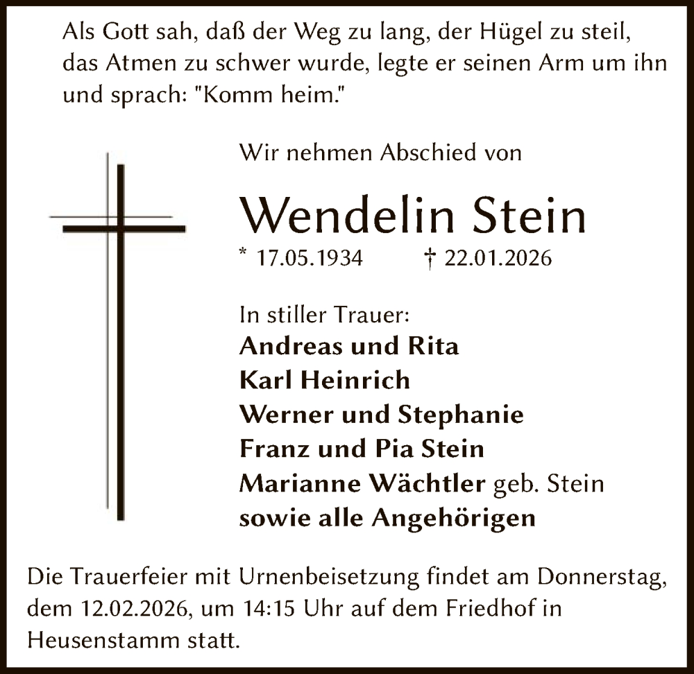  Traueranzeige für Wendelin Stein vom 07.02.2026 aus OFOP