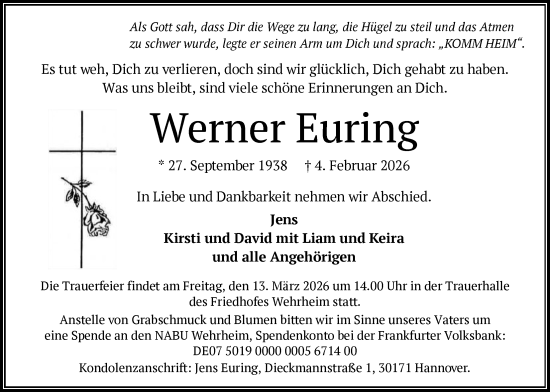 Traueranzeige von Werner Euring von FNP