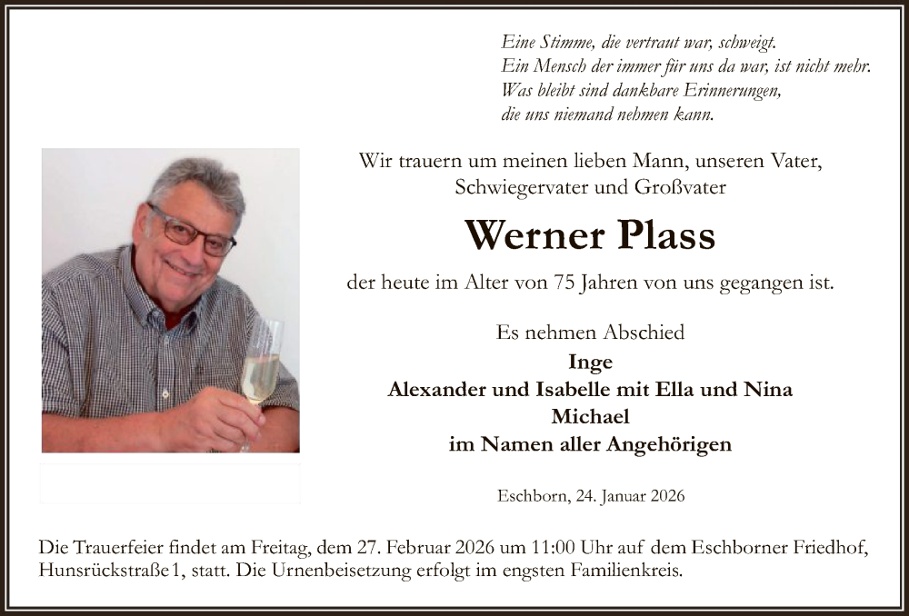  Traueranzeige für Werner Plass vom 07.02.2026 aus FNP
