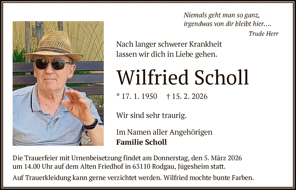  Traueranzeige für Wilfried Scholl vom 28.02.2026 aus OFOP