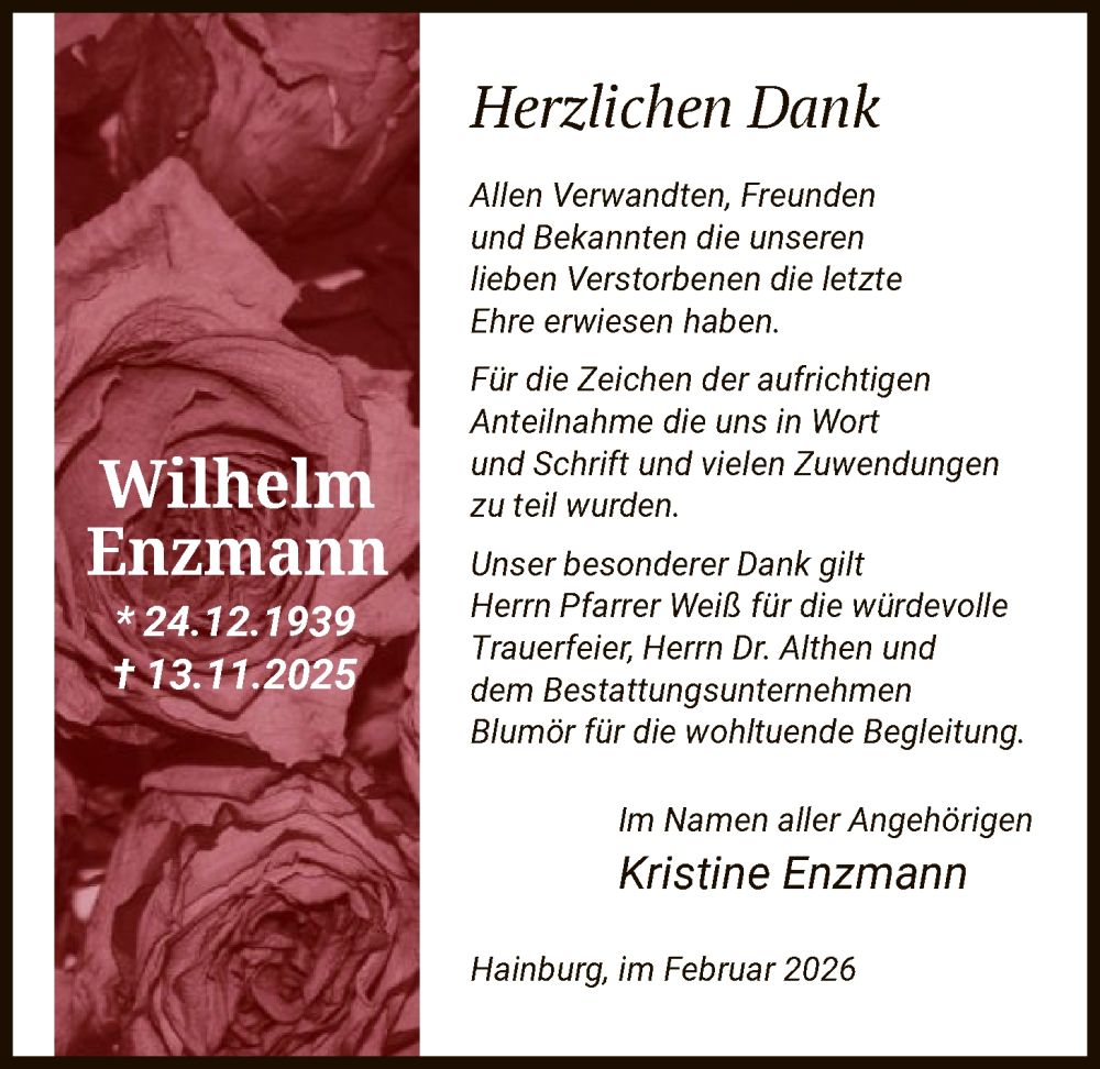  Traueranzeige für Wilhelm Enzmann vom 07.02.2026 aus OF0L