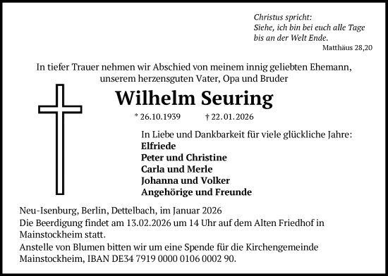 Traueranzeige von Wilhelm Seuring von OF0W