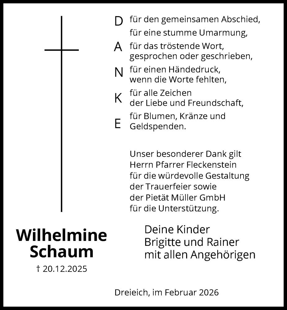  Traueranzeige für Wilhelmine Schaum vom 07.02.2026 aus OFOP