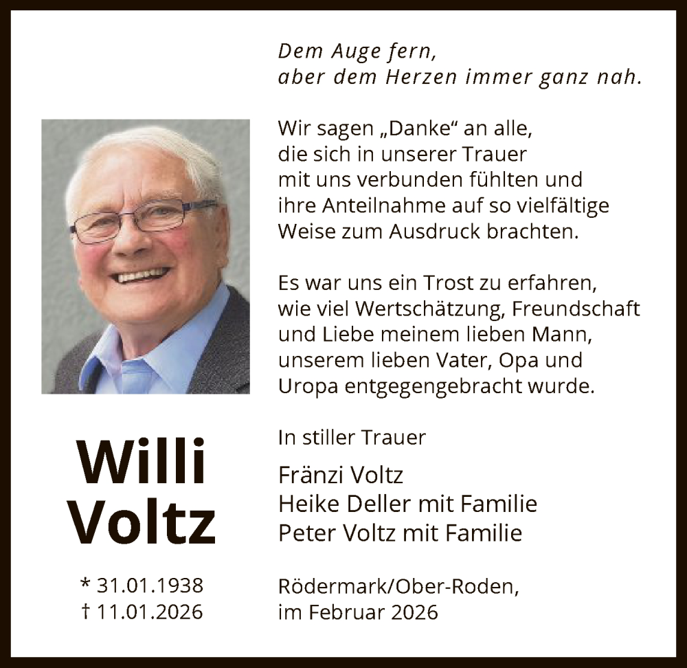  Traueranzeige für Willi Voltz vom 07.02.2026 aus OF0L