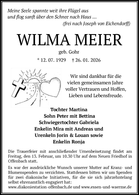 Traueranzeige von Wilma Meier von OFOP