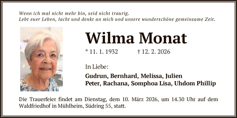  Traueranzeige für Wilma Monat vom 28.02.2026 aus OFOP