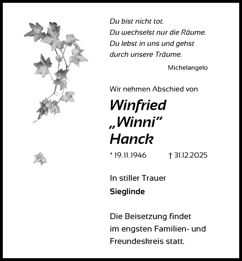  Traueranzeige für Winfried Hanck vom 21.02.2026 aus OF0W