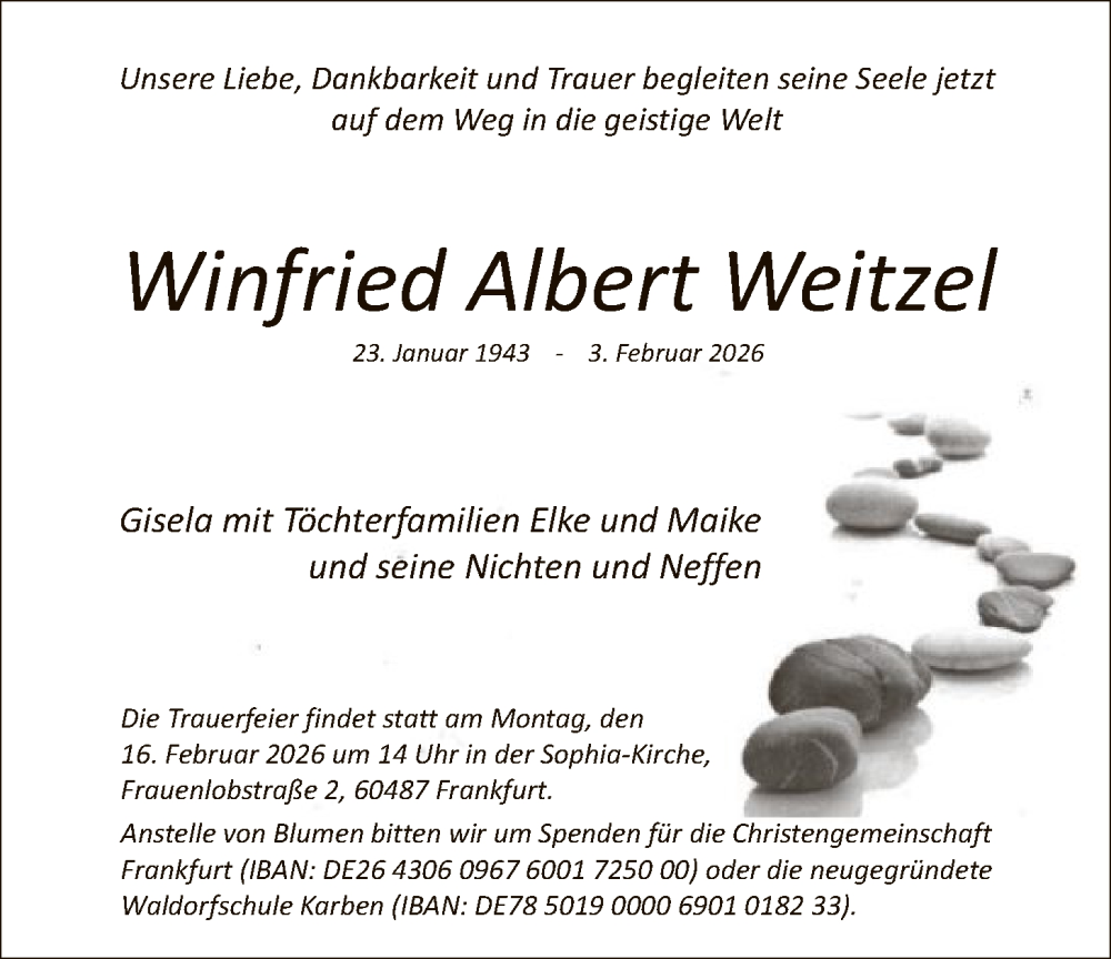  Traueranzeige für Winfried Albert Weitzel vom 11.02.2026 aus FNP