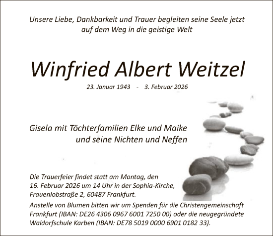 Traueranzeige von Winfried Albert Weitzel von FNP