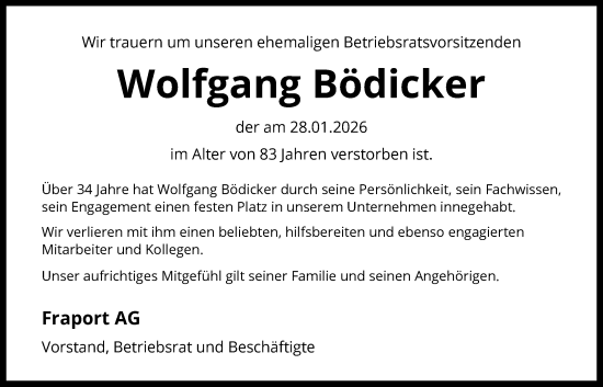 Traueranzeige von Wolfgang Bödicker von FNP