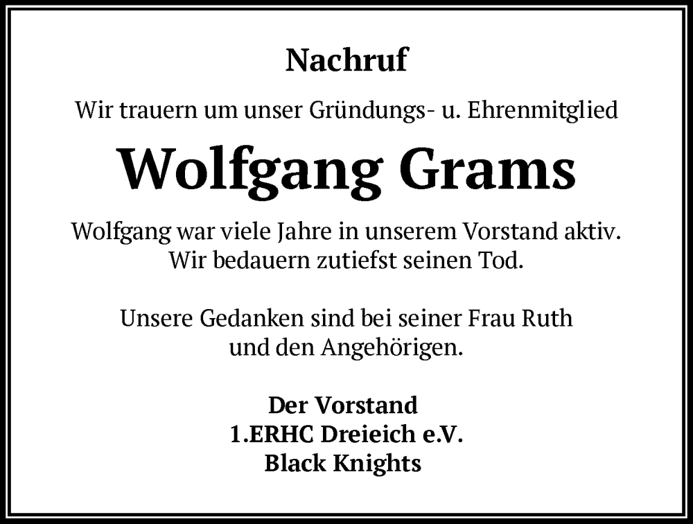  Traueranzeige für Wolfgang Grams vom 14.02.2026 aus OFOP
