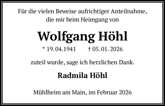 Traueranzeige von Wolfgang Höhl von OFOP