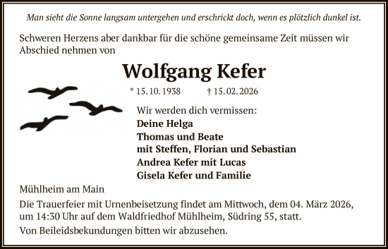 Traueranzeige von Wolfgang Kefer von OFOP