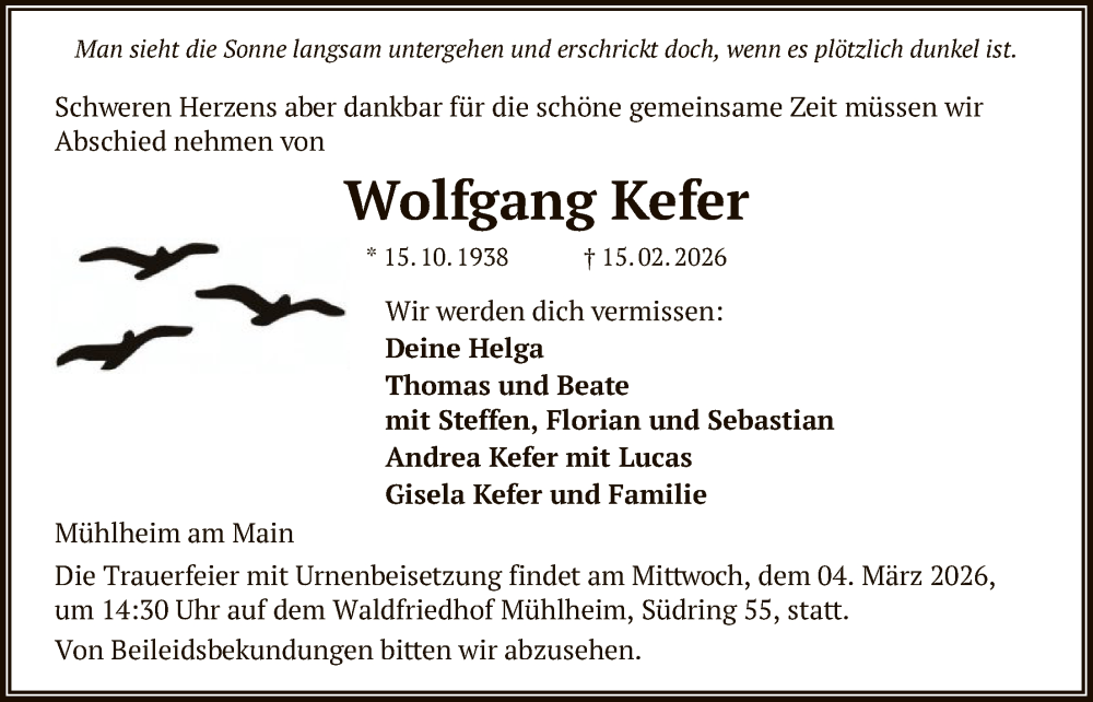  Traueranzeige für Wolfgang Kefer vom 21.02.2026 aus OFOP