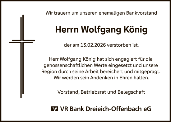 Traueranzeige von Wolfgang König von OFOP