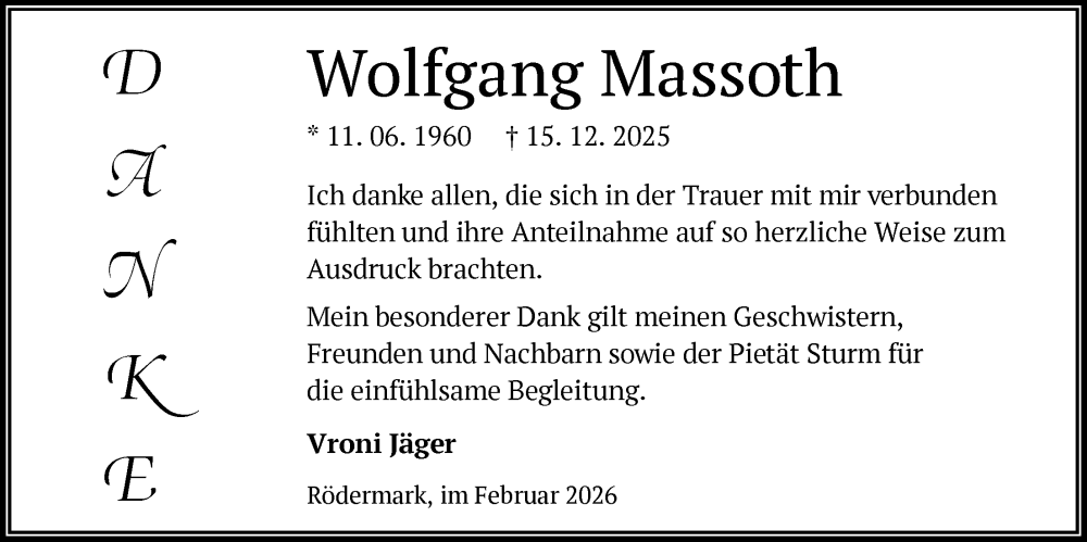  Traueranzeige für Wolfgang Massoth vom 07.02.2026 aus OFOP