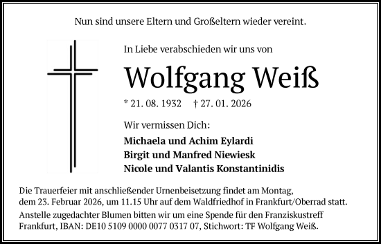 Traueranzeige von Wolfgang Weiß von FNP