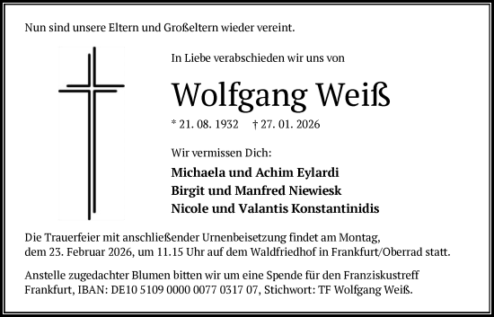 Traueranzeige von Wolfgang Weiß von OFOP