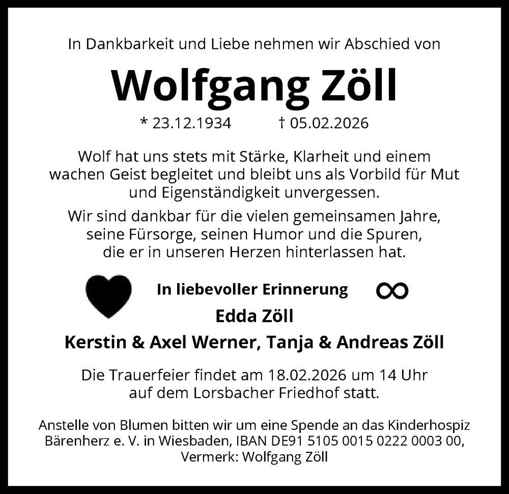  Traueranzeige für Wolfgang Zöll vom 11.02.2026 aus FNP