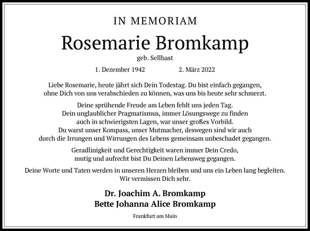  Traueranzeige für Rosemarie Bromkamp vom 02.03.2026 aus OFOP