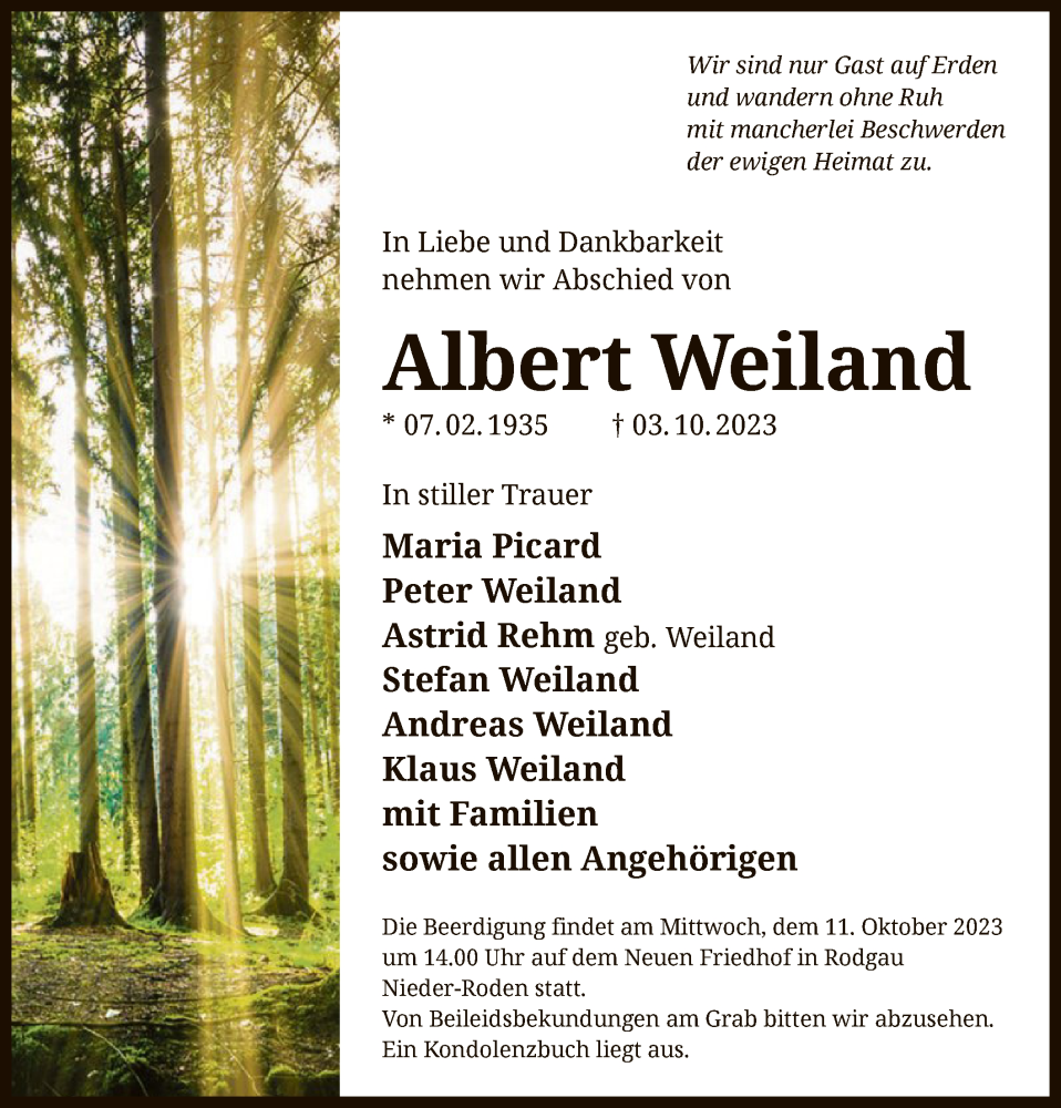  Traueranzeige für Albert Weiland vom 07.10.2023 aus OF