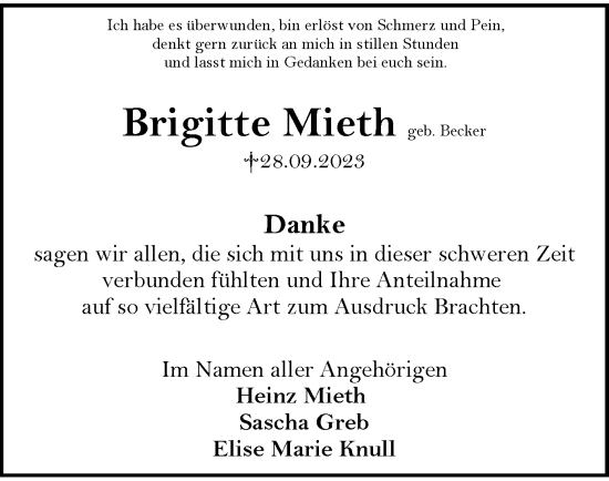 Traueranzeige von Brigitte Mieth von OF