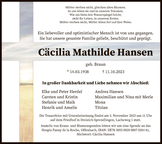 Traueranzeige von Cäcilia Mathilde Hansen von OF