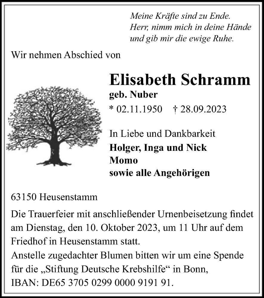  Traueranzeige für Elisabeth Schramm vom 04.10.2023 aus OF