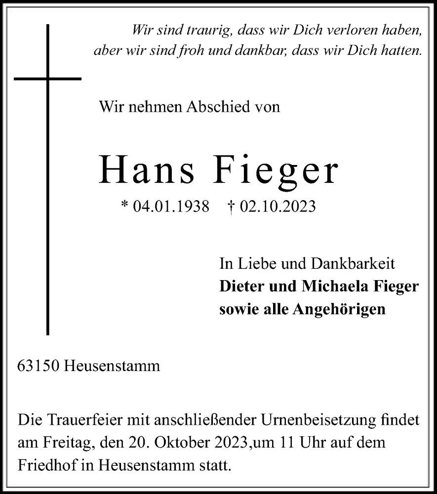  Traueranzeige für Hans Fieger vom 11.10.2023 aus OF