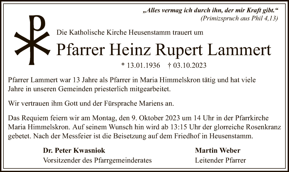  Traueranzeige für Heinz Rupert Lammert vom 07.10.2023 aus OF