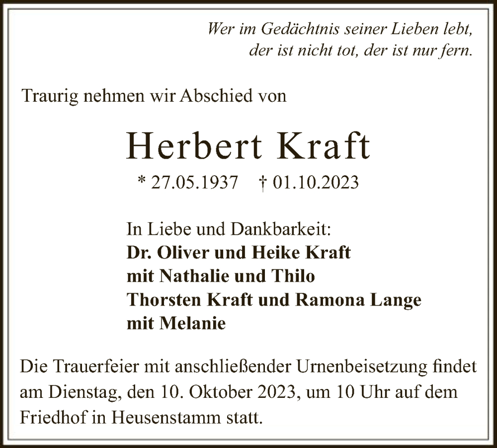  Traueranzeige für Herbert Kraft vom 07.10.2023 aus OF