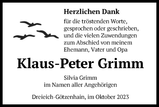 Traueranzeige von Klaus-Peter Grimm von OF