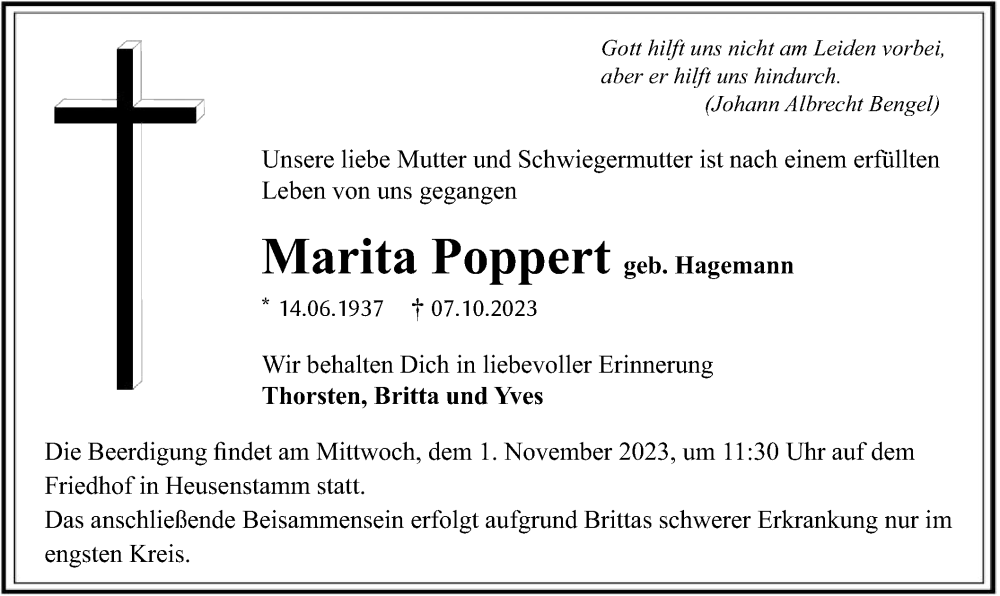  Traueranzeige für Marita Poppert vom 28.10.2023 aus OF