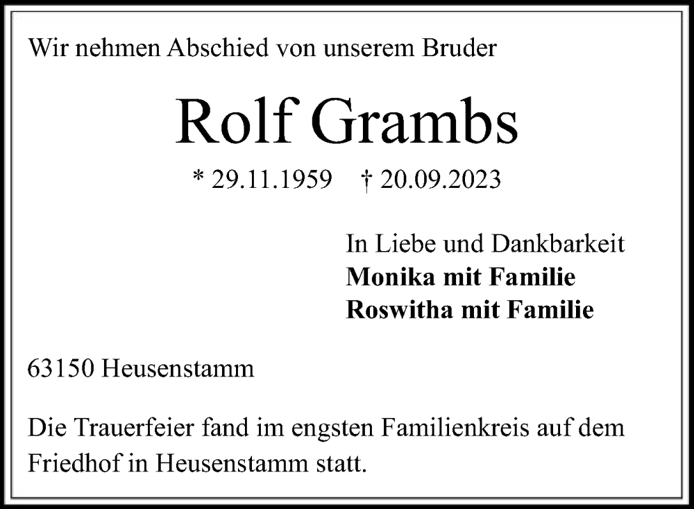  Traueranzeige für Rolf Grambs vom 11.10.2023 aus OF